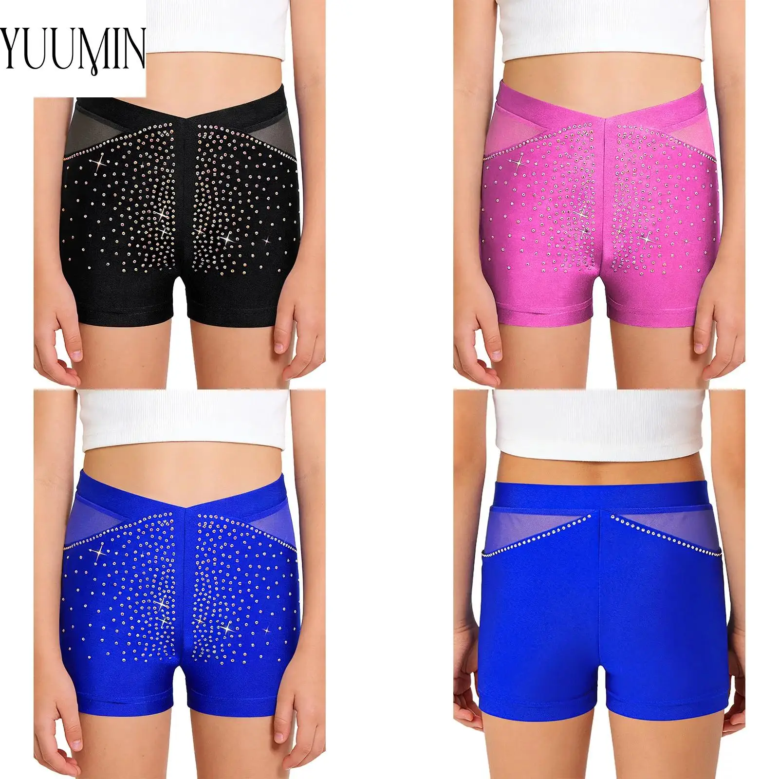 

Гимнастический костюм для девочек, фигурное катание на коньках, балетный танцевальный костюм, эластичные дышащие сетчатые шорты со стразами для детей, спортивная одежда для тренировок