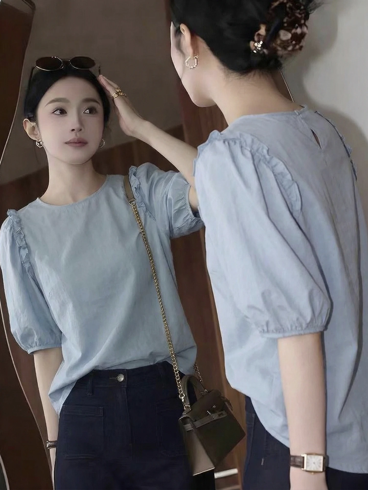 

Elegant Loose Commute Versatile Five-Quarter Sleeve Shirt round Neck Slimming Casual Top for Women Spring Summer Fashion
