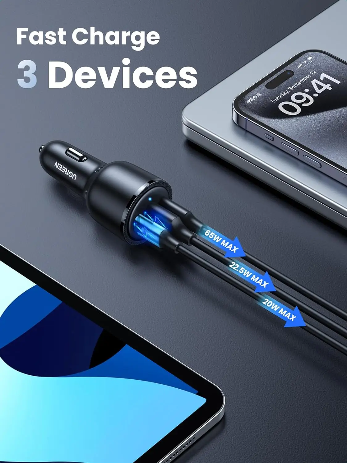 UGREEN 69W USB C Car Charger, PD 65W Type C Car Charger Fast Charging, Car Charger Adapter Compatible with iPhone 15