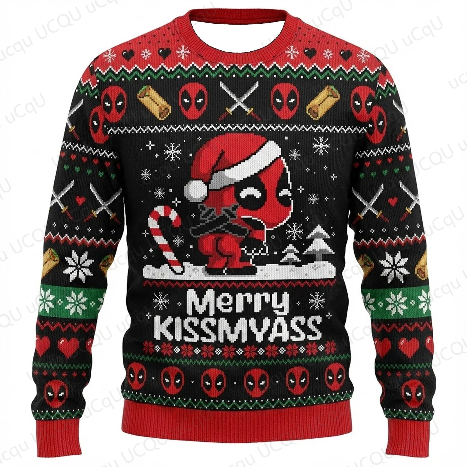 ديدبول سترة عيد الميلاد القبيحة وهمية متماسكة عطلة البلوز الرجال النساء الاطفال مضحك هدية عيد الميلاد الشتاء الدافئ الكرتون الزي لينة