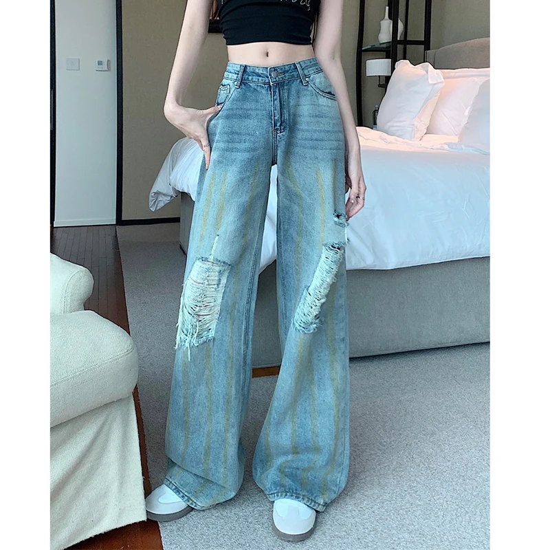 Vintage Denim Tassel Drift Wide Ripped Jeans Women Loose Casual Baggy Jeans Denim Pants Girl 2024 New Light Blue Trousers Female