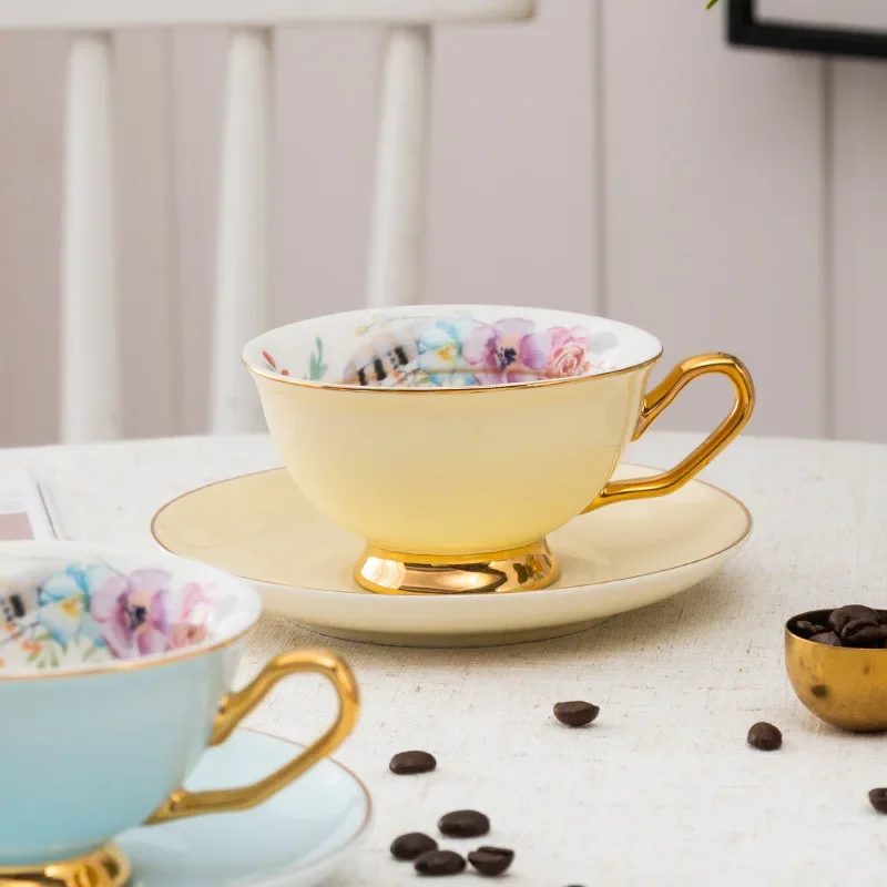 Ceramic coffee cup with plate Golden edged color glazed coffee porcelain mugs Afternoon Tea Cup Flower tea cup afternoon teacups