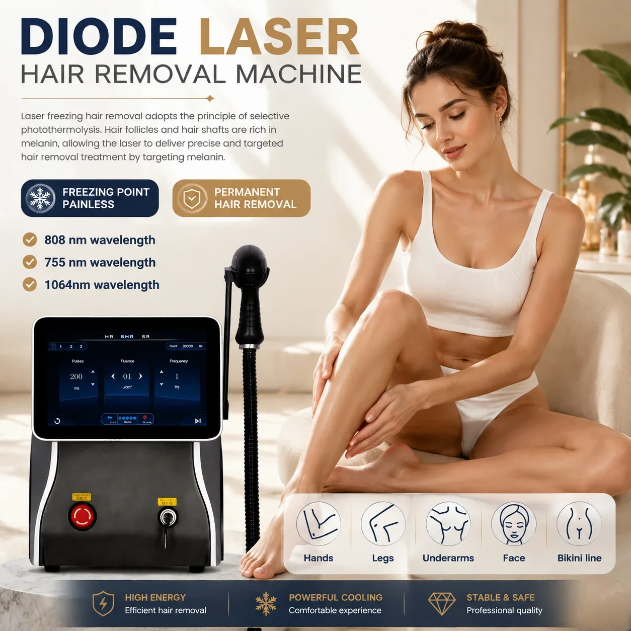 High Power 808  Hair Removal Device 3 Wavelengths 755 1064 808 Diode  Hair Removal Machine For Full Body Hair Removal