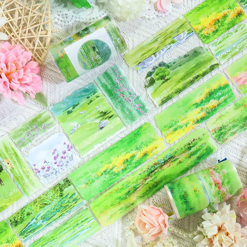 70mm*200cm Vintage Grassland Plant Flower Landscape PET Tape Creative DIY Journal Material Collage Scrapbooking Stationery