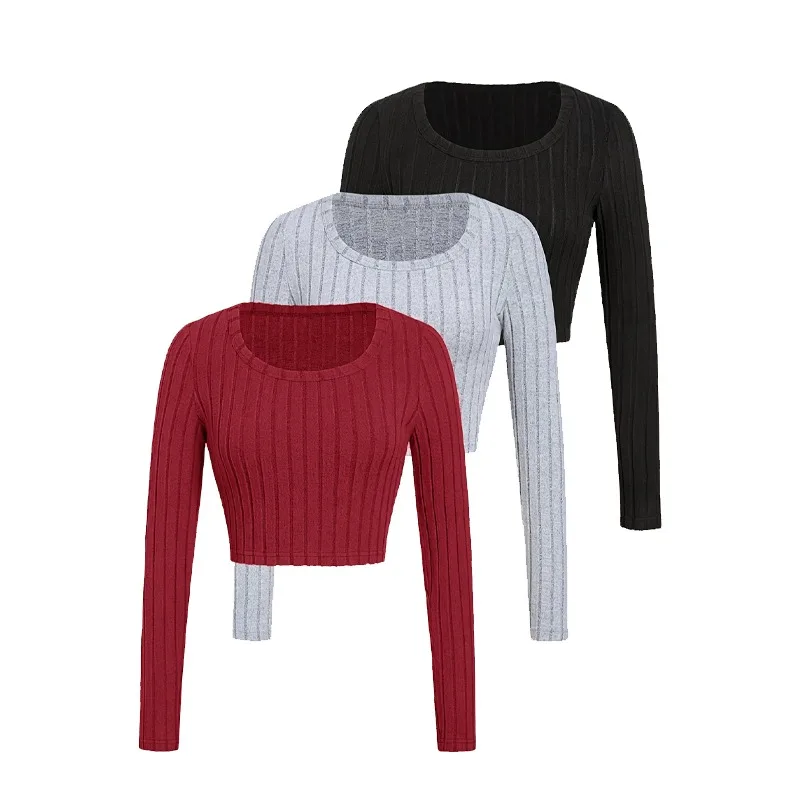 

Autumn Winter 3 Piece Set Womens Slim Sexy Long Sleeve Knit Ribbed Sweater Tops U-Neck Tee Crop Top Casual Basic Shirts Pullover