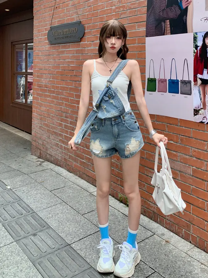 

Sexy Short Denim Overalls Women's Miniature Slimming Hot Pants Summer Casual High Waist Cotton Stretch Denim Anti-Stain Light...