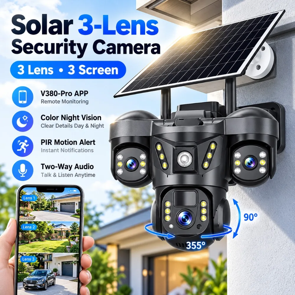 6MP 24/7 Work Wifi Solar Camera Outdoor Protection CCTV 4G 3 Lens 3 Screen Waterproof Auto Tracking Alarm Security Cameras V380