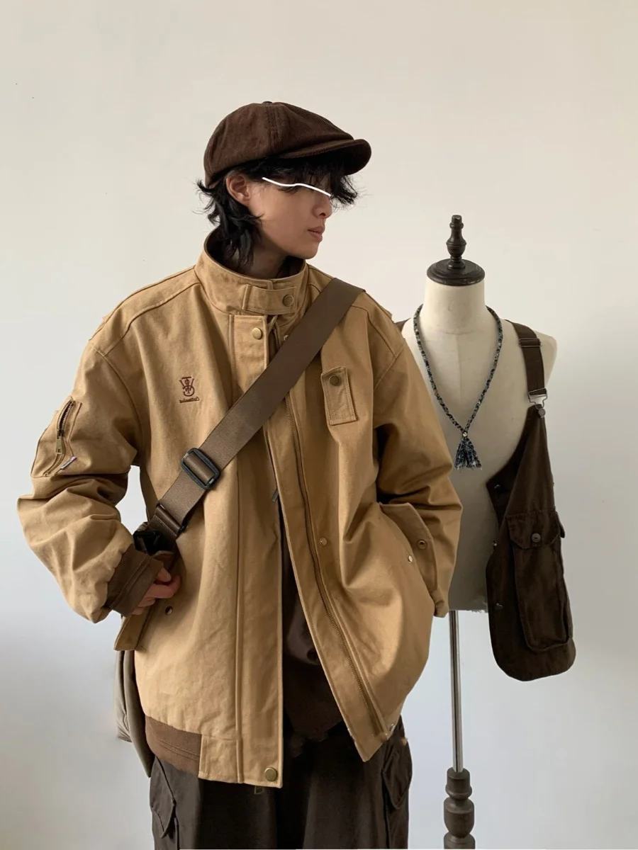 

Retro Embroidered Workwear Jaet Loose Fit Collar Stand up Spring Autumn ex Youth Faion Long Sve y Jaet