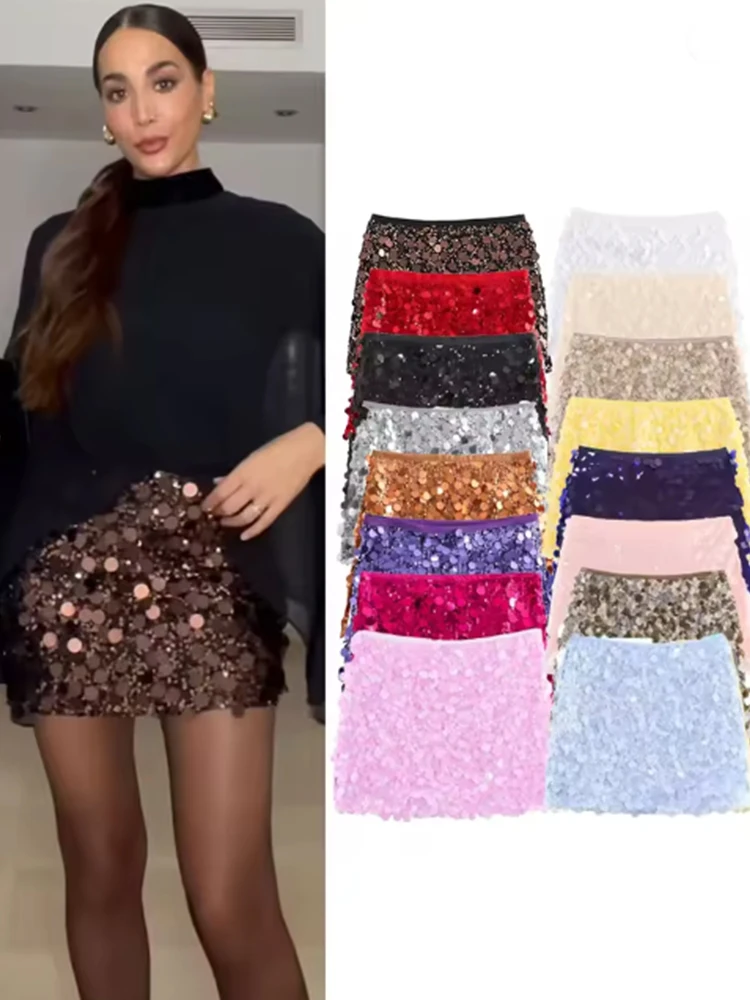 Women New Sequined Short Skirts Solid A-Line Mini Side Zipper High Waist Fashion Streetweae Female Chic Casual Skirts