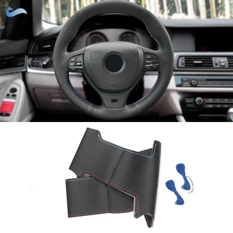 

For BMW F10 F07 F12 F13 F06 F01 F02 520i Car Interior Steering Wheel Cover Hand Stitched Black-red blue line Perforated Leather