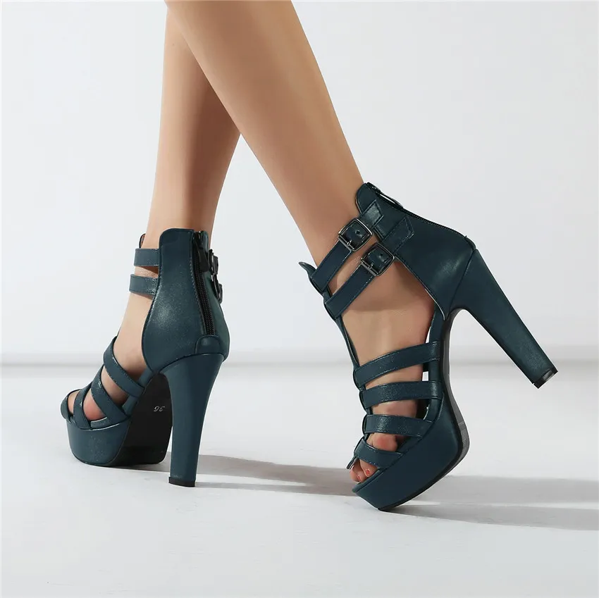 

Fashion Women Gladiator Platform Sandals High Chunky Heels Red Blue Black Party Club Ladies Summer Zipper Rome Ankle Strap Shoes
