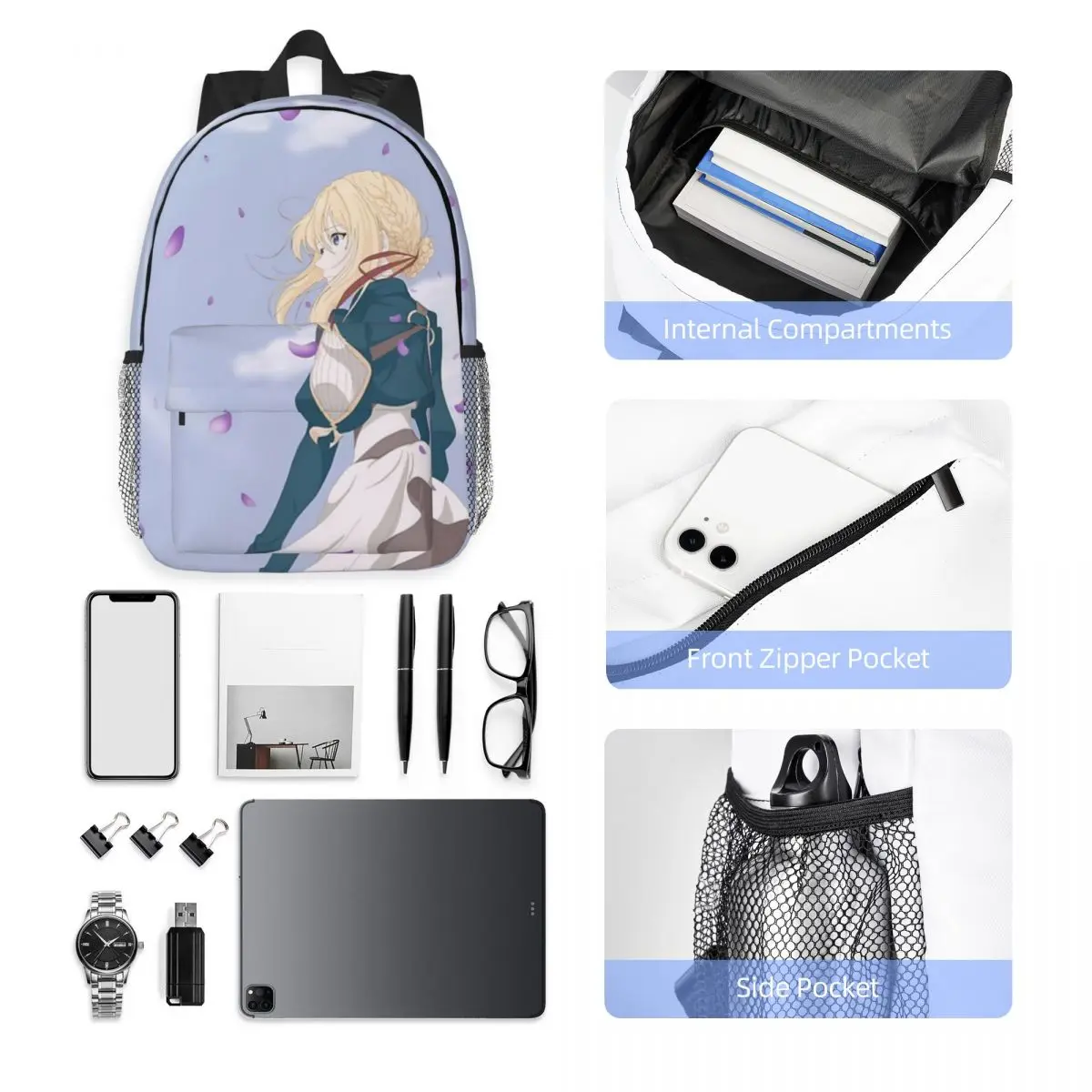 Violet Evergarden tas ransel siswa, ransel tahan air ringan 15 inci, kapasitas besar untuk anak laki-laki dan perempuan