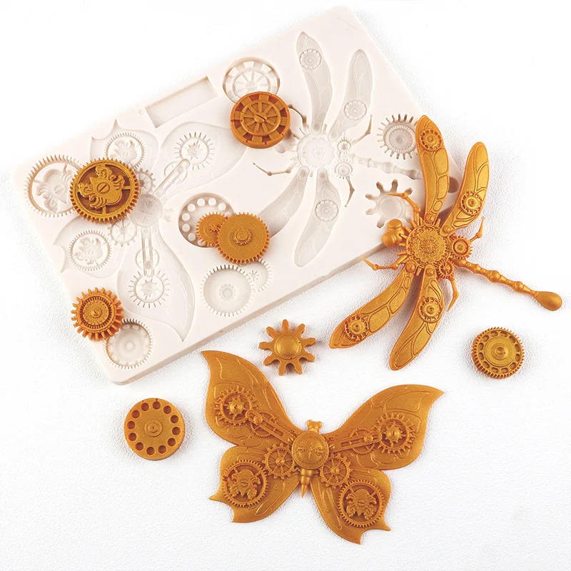 Baking Fondant Cake Mold Gear Butterfly Dragonfly Epoxy Mold Retro Key Lock Chocolate Silicone Mold Baking Accessories