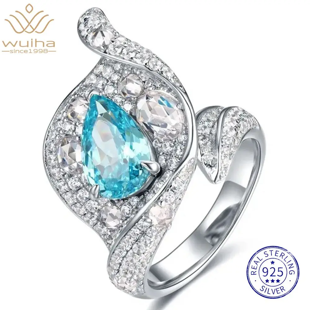 WUIHA 100% 925 Sterling Silver Pear Cut Paraiba High Carbon Diamonds Wedding Engagement Cocktail Rings Fine Jewelry Wholesale