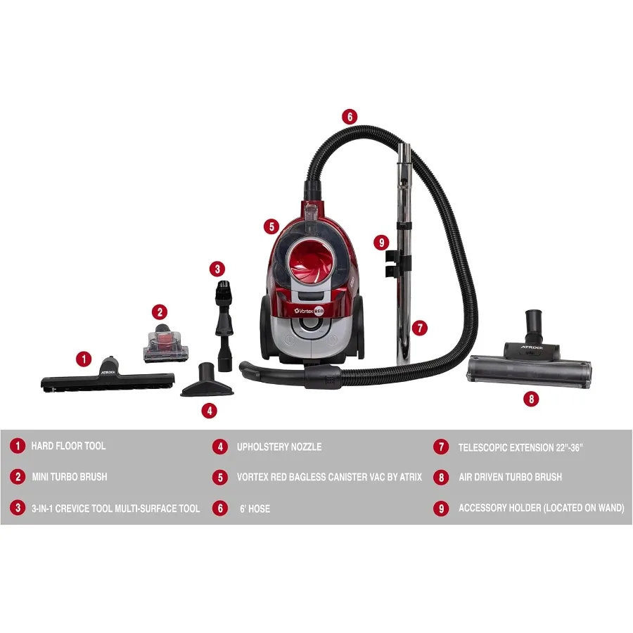 Vortex Red Bagless HEPA Canister Vacuum for Home Use with Red Color and Advanced Filtration System