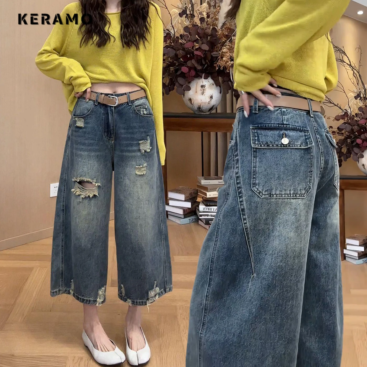 

Retro Blue Distressed Wide Leg Jeans Women High Waist Baggy Denim Pants Casual Streetwear Cropped Trousers
