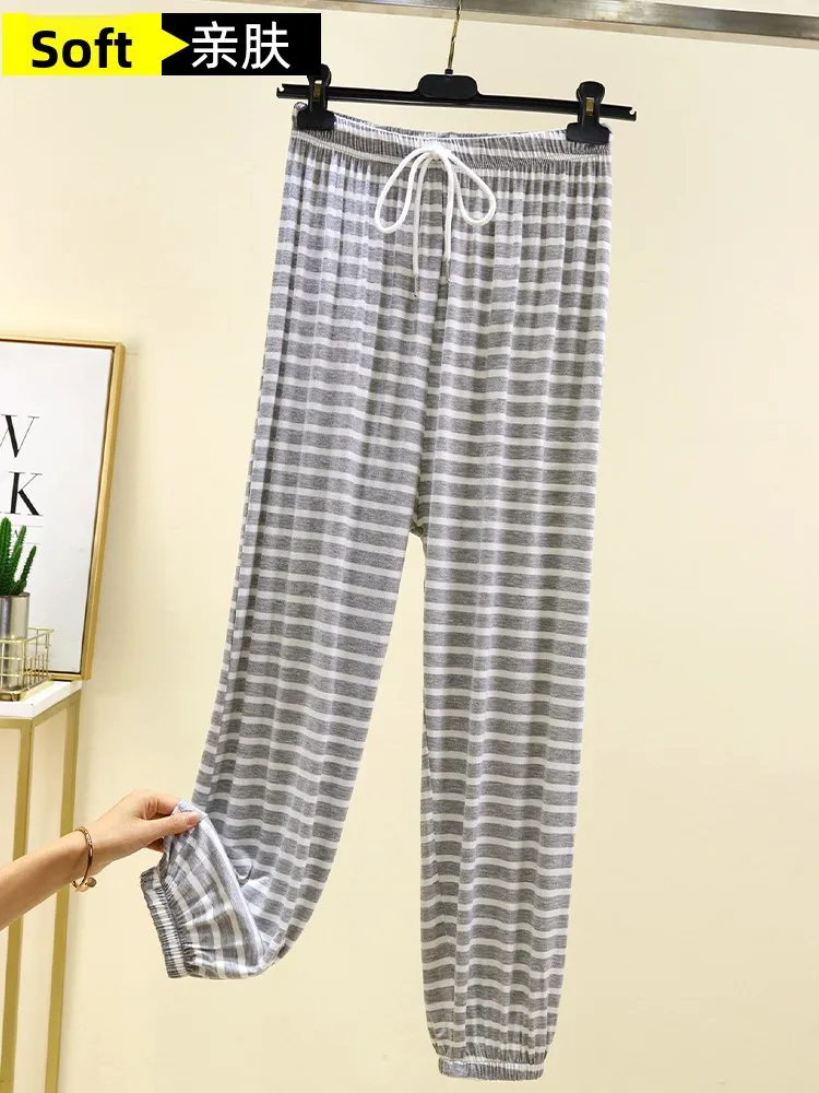 모달 스트라이프 디스트링 스파 팬츠 여성 여름 얇은 모기 방지 루즈 롱 트라우저 홈웨어 캐주얼 하란 팬츠