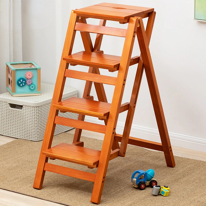 Natural Solid Wood Kitchen Stool Multifunctional Ladder Chair Folding Design Ladder Stool Stable Load-bearing Step Ladder