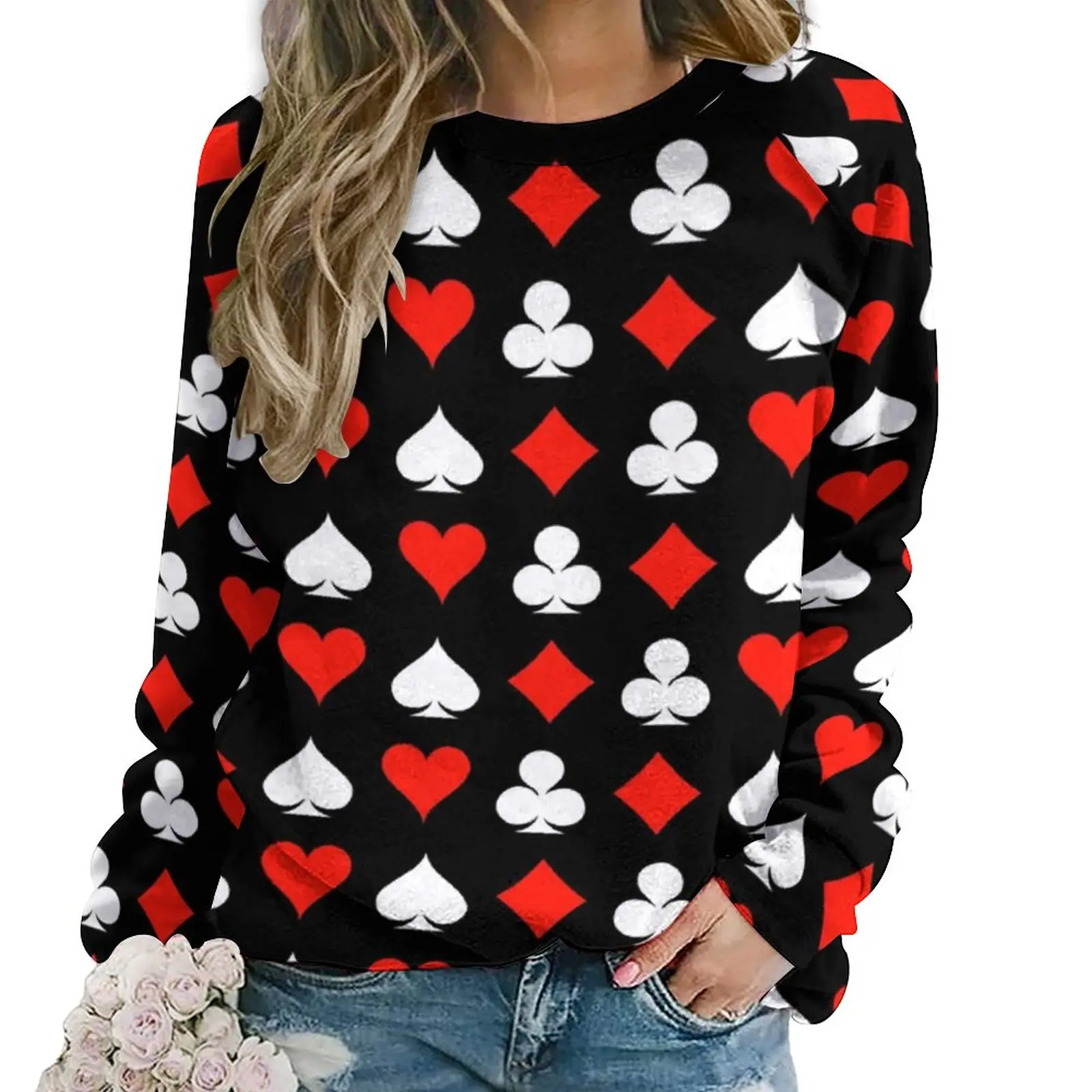 Red Heart Print Casual Hoodies Autumn Poker Symbol Aesthetic Hoodie Womens Long-Sleeve Oversized Hip Hop Printed Sweatshirts