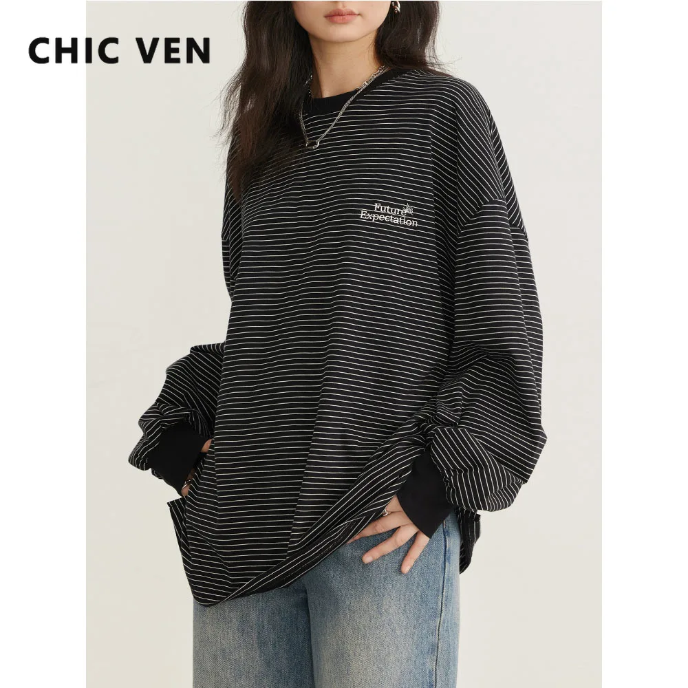 CHIC VEN Women\'s Tees New Streetwear Long Sleeve T-shirt O Neck Letter Embroidery Stripe Female Tops Spring Autumn 2023