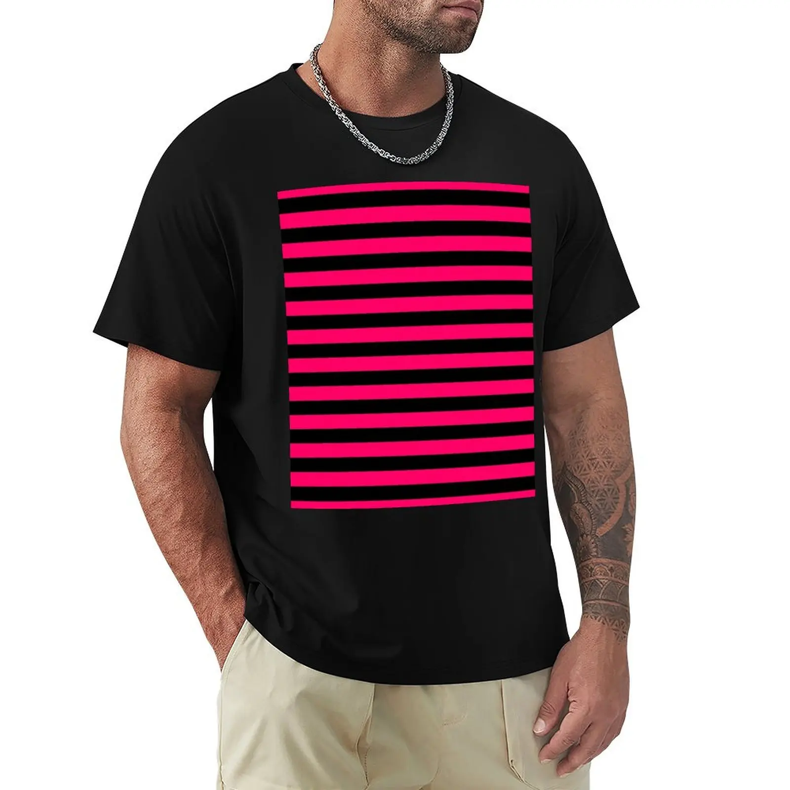 Bright Fluorescent Hot Pink Neon and Black Horizontal Stripes T-Shirt Big Size Short Sleeve Tee for Men