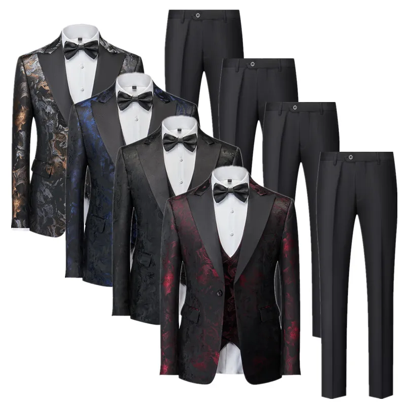 2024 New Men Luxury Wedding Suits Black / Red / Blue Fashion Male Business Social Wedding Prom Party Jacquard Dress 3 Piece Set