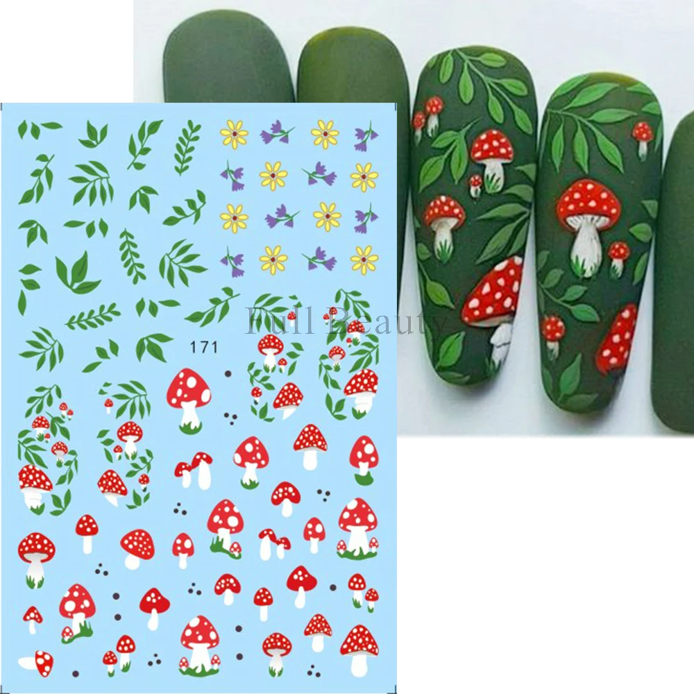 Mushroom Nail Stickers Leaf Branch Small Flowers Nail Decals Ladybird Sliders For Manicure Tulips Spring Decoration Foil GLEB171