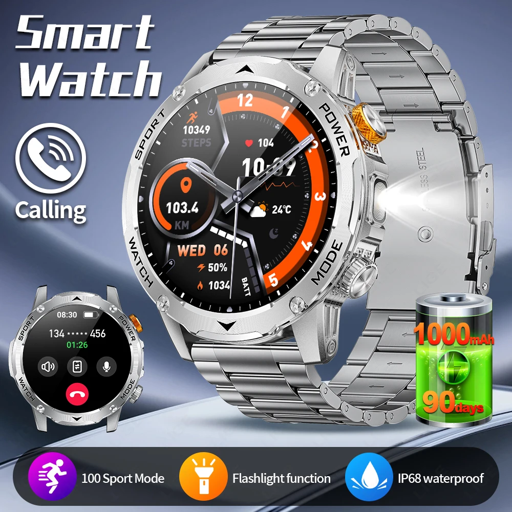 

Умные часы LIGE 2026 для мужчин, с аккумулятором большой емкости 1000 мАч, спортивные часы с фонариком, Bluetooth-вызовами, водонепроницаемые смарт-часы для активного отдыха