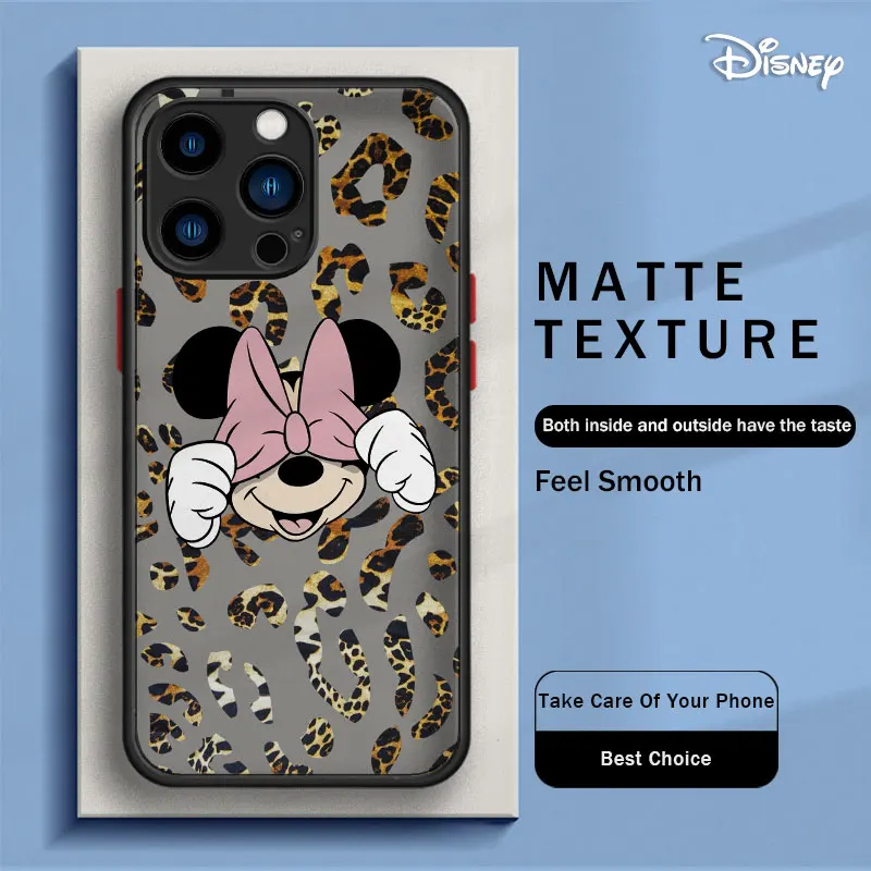 Disney Minnie Red Leopard Print Clear Matte Phone Case For iPhone 15 11 14 13 12 Pro Max Mini X XR Xs 8 7 Plus Cover Fundas