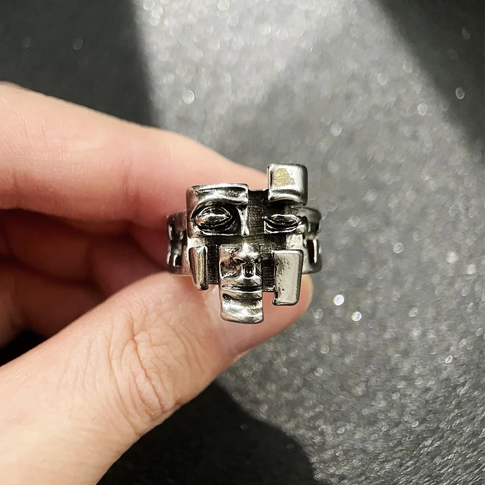 Men's Retro Silver Punk Gothic Face Ring, Statement