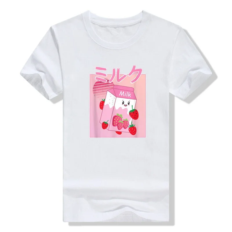 Merch Japanese Strawberry Milk Shake Kawaii T-Shirt Cute Graphic Tee Tops for Girls and Women Girls Fashion Cartoon Y2k Clothes