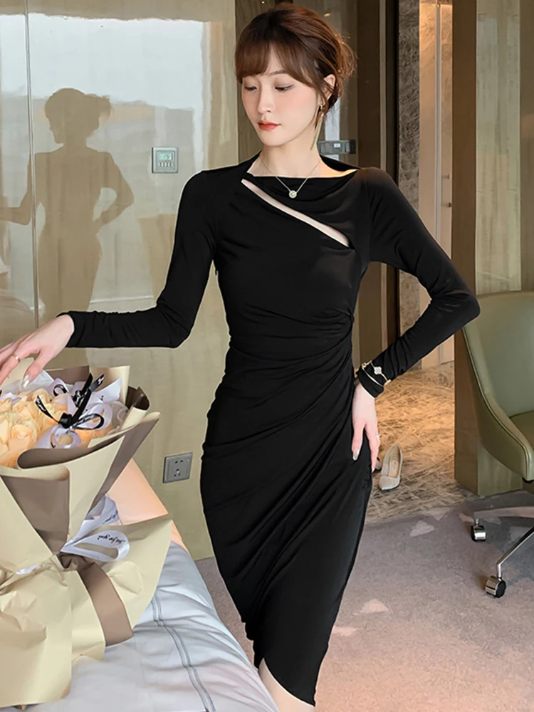 ฤดูใบไม้ผลิ Midi Dresses สำหรับผู้หญิง2023เซ็กซี่ชุดสีดำ Backless Cut Out Bodycon Robe ไนท์คลับ Street Vestidos