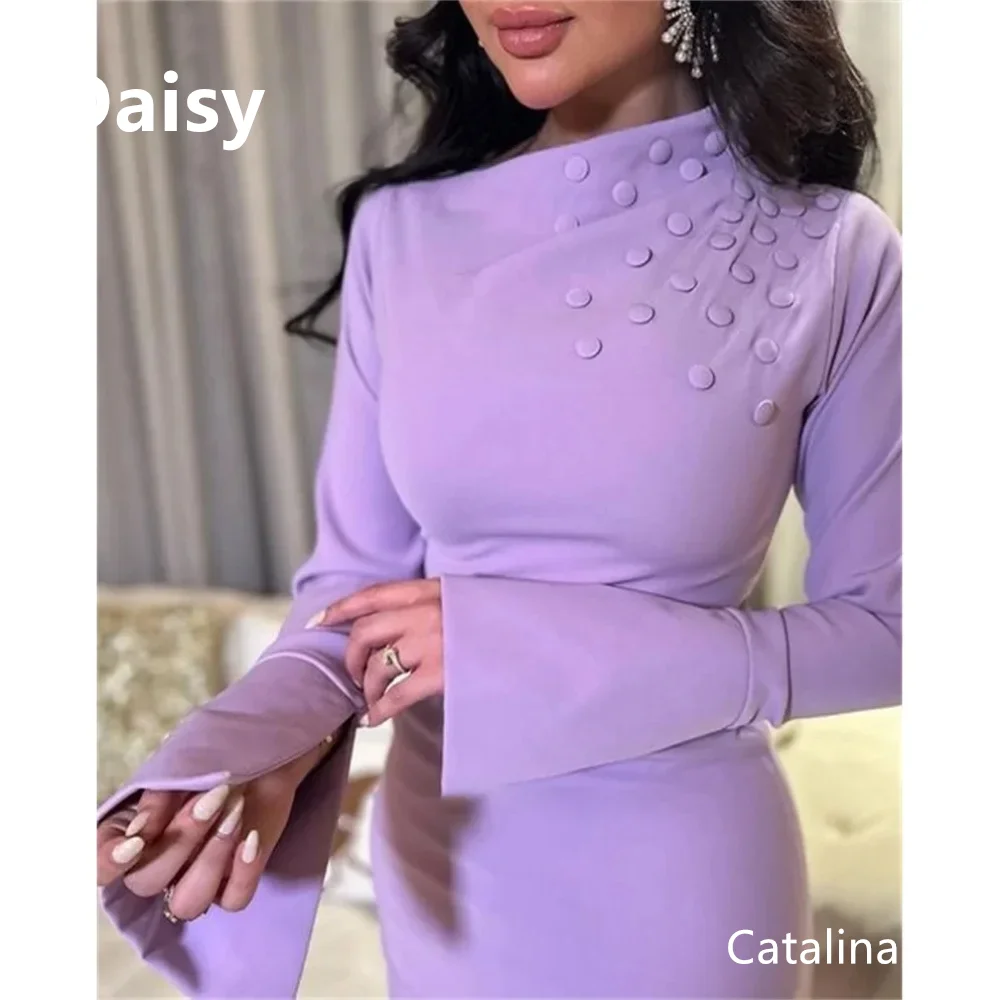 라일락 댄스 파티 드레스 정장 행사 버튼 이브닝 드레스 긴 소매 발목 길이 파티 댄스 파티 드레스 여성용 베스 티드