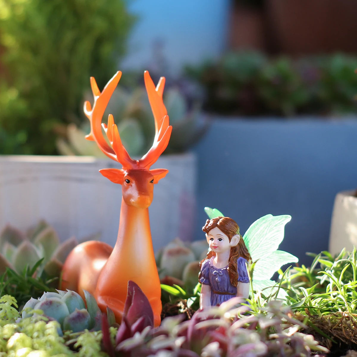 Spring Forest Elf and Deer Resin Ornament Set | Fairy Tale Style Desktop Healing Gift, Perfect Combination of Winged Flower Fair