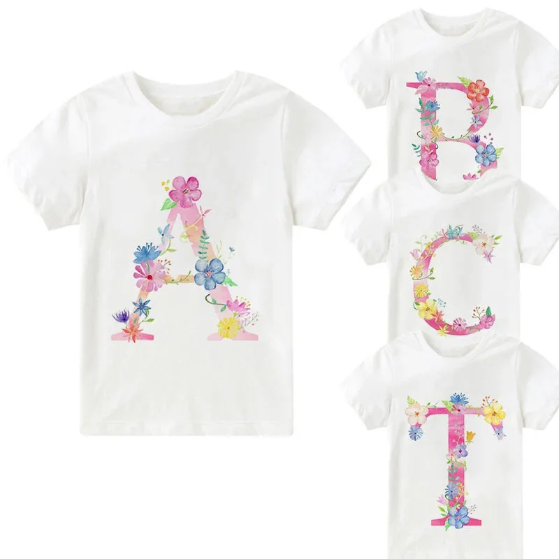 Camiseta informal de manga corta para niños y niñas, Camiseta con estampado de dibujos animados, 26 letras en inglés, nombre de flor, ABC, cuello redondo