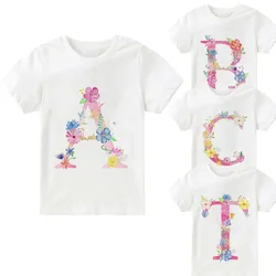 Children's White Casual T-shirt 26 English Letters Flower Name ABC Cartoon Printed round Collar Short Sleeve for Boys And Girls