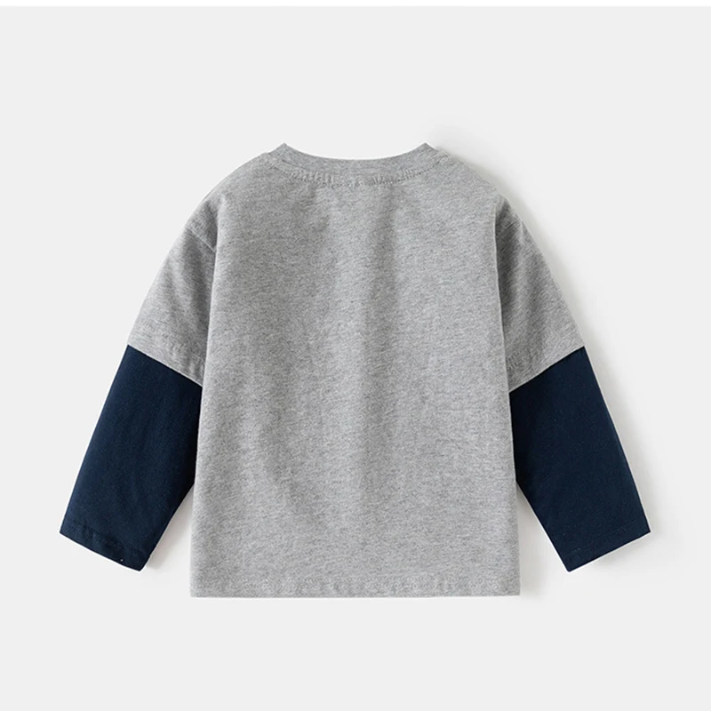 Autumn Kids Long Sleeve T-Shirt Boys Contrast Sleeve Dinosaur Print Toddler Tops for 2-8Y Cute Fake Two-Piece Childrens Clothing