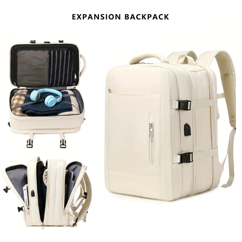 Beige Expandable Backpack, 10cm Extend Waterproof Travel Laptop Bag with TSA Anti-Theft Lock for Business Trip Daily Commute