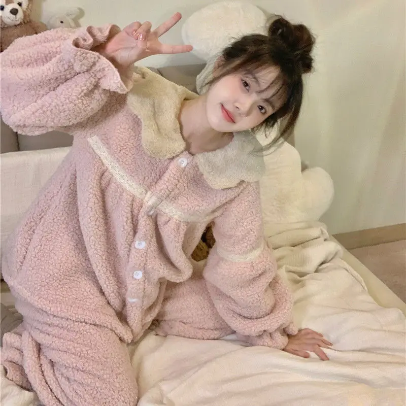 Coral Fleece Pajama Sets Women Peter Pan Collar Lace Plus Velvet Thicker Long Sleeve Home Loungewear Winter Thermal Sweet Girls