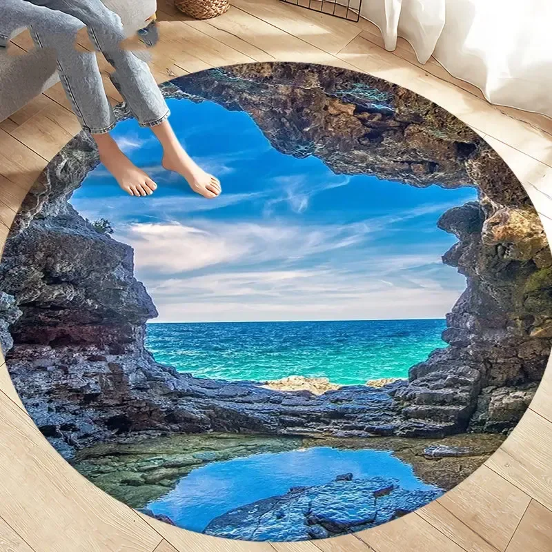 Seaside Rocky Scenery Round Carpet Ocean Landscape Pattern Circle Rug Bedroom Living Room Balcony Floor Mat Home Decor Doormat