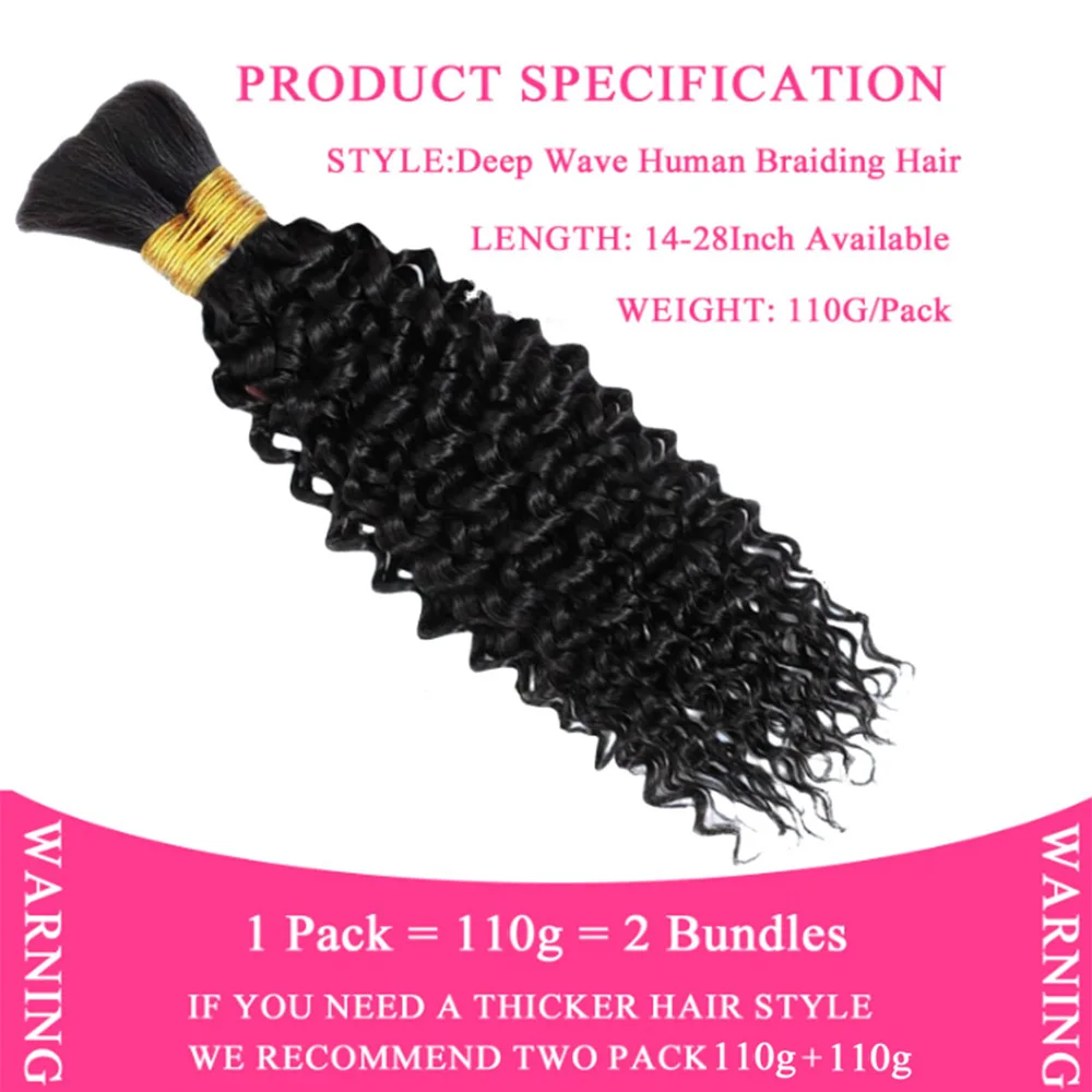 28-Inch Natural Color Deep Wave Human Hair Extensions 110g Pack Ideal for Bohemian-Style Braids Hair Extensions