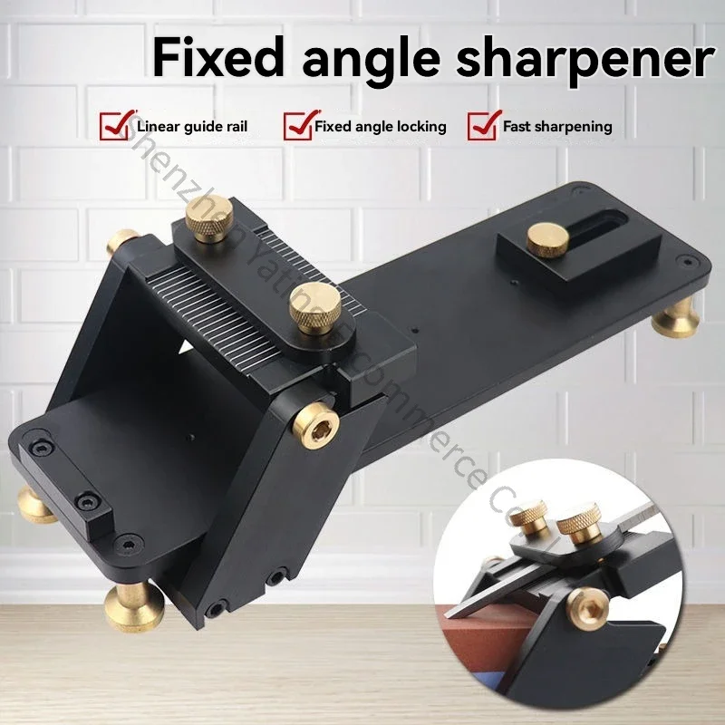 Fixed-angle quick sharpening tool with adjustable angles for mirror-finish edges; straight-rail woodworking chisel sharpener.