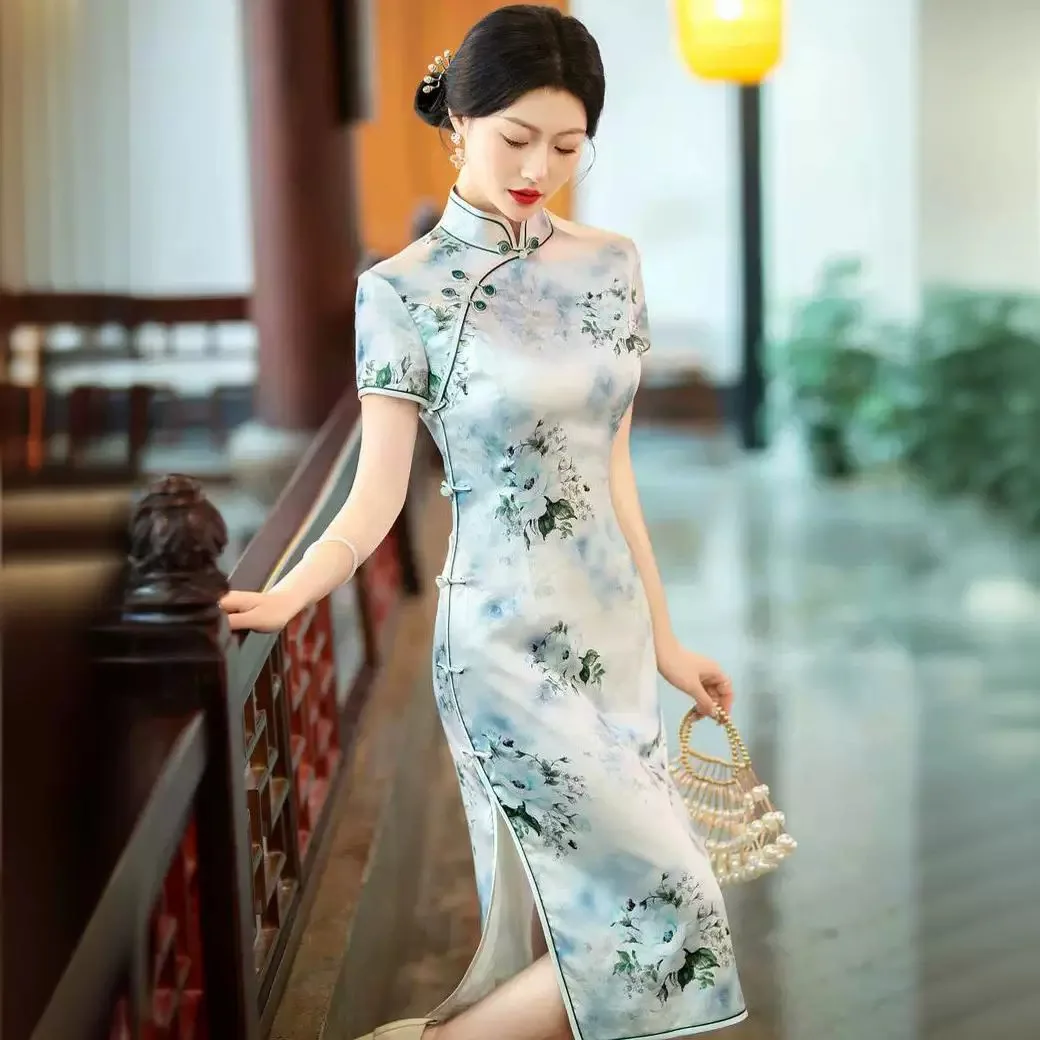 High-End Quality Real Silk Cheongsam Qipao Women's 2024 Summer Short Sleeve Retro Improved Dress Chinese Chi-Pao