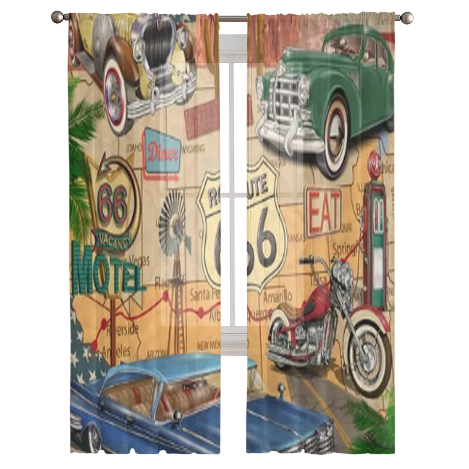 Vintage Route 66 Poster Sheer Curtains for Living Room Transparent Tulle Window Curtain Bedroom Kitchen Home Decor Veil Drapes