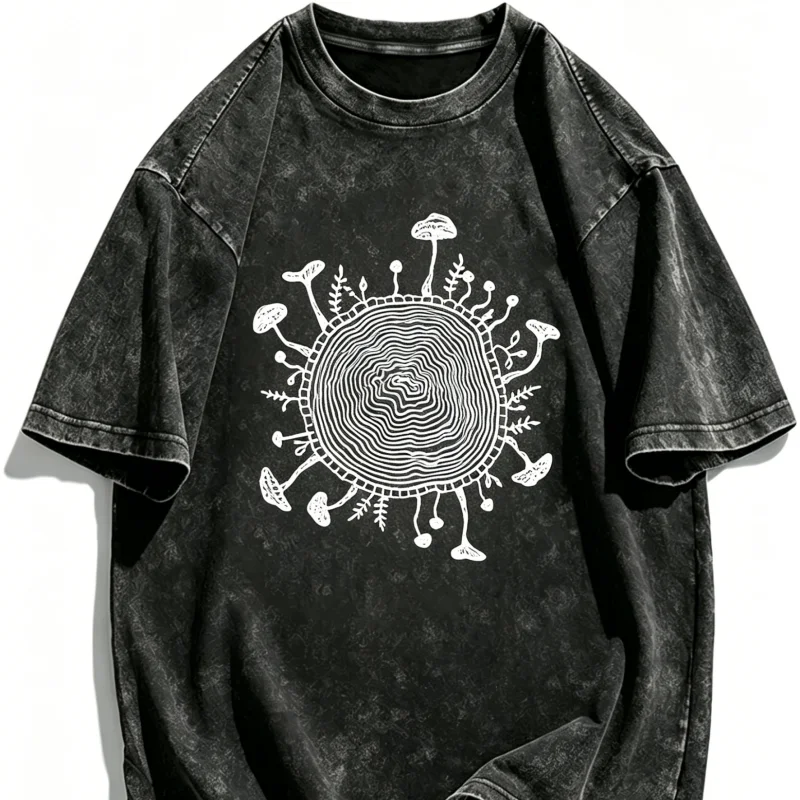Men's Women's Vintage Washed Oversized T-shirt Retro Surreal Tree Ring Mushroom 90s Psychedelic Grunge Loose Short Sleeve Tee
