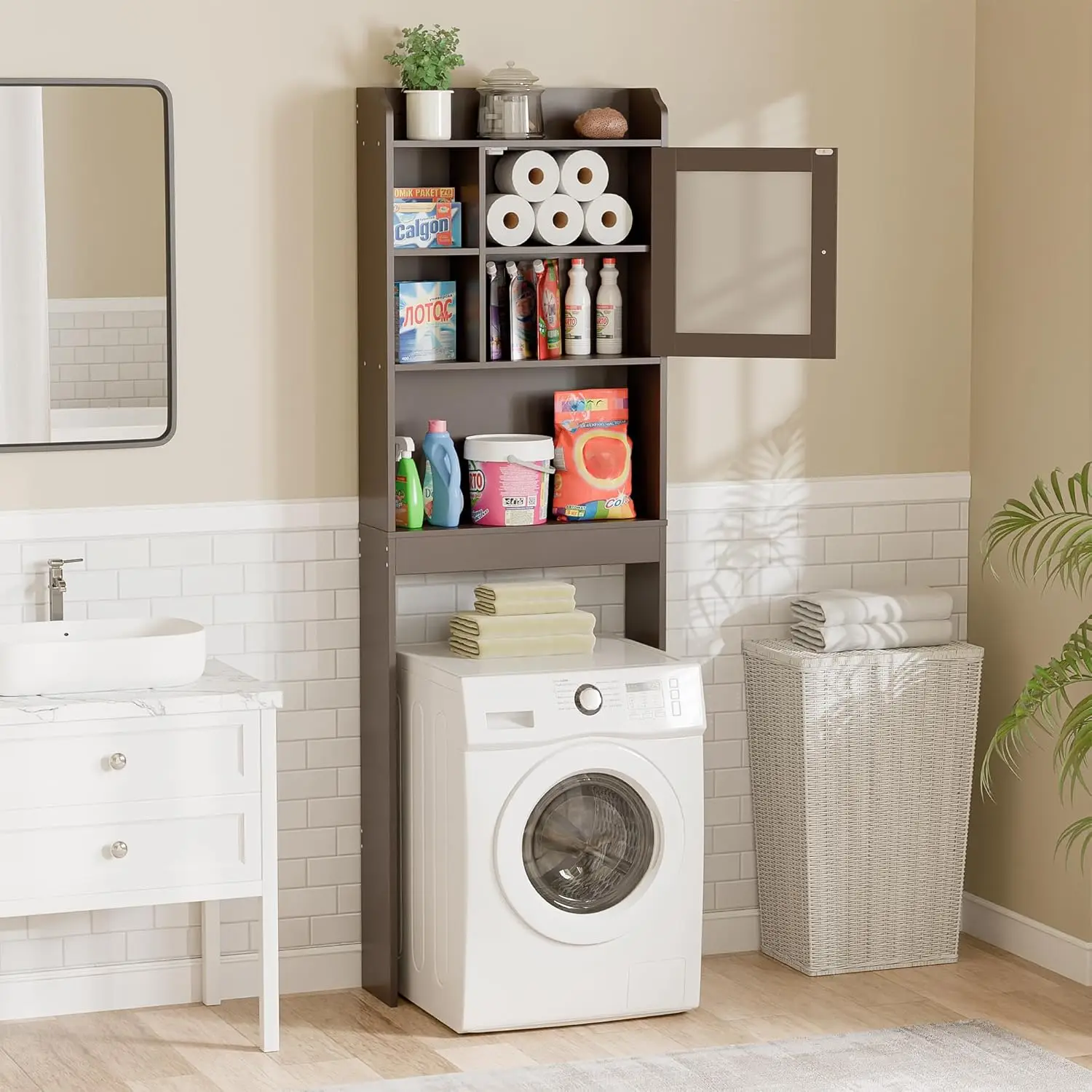 

Over The Toilet Bathroom Storage Cabinet Freestanding Wooden Bathroom Organizer with Adjustable Shelves and Glass Door, Brown