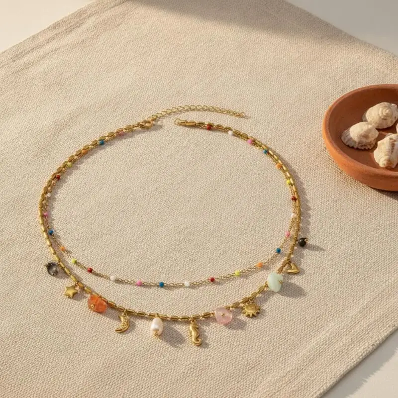 Boho Sexy Mode Edelstahl Seestern Seepferdchen Anhänger Halskette Damen Niedliche Bunte Perlen Schlüsselbeinkette Schmuck Geschenk – Detail 4