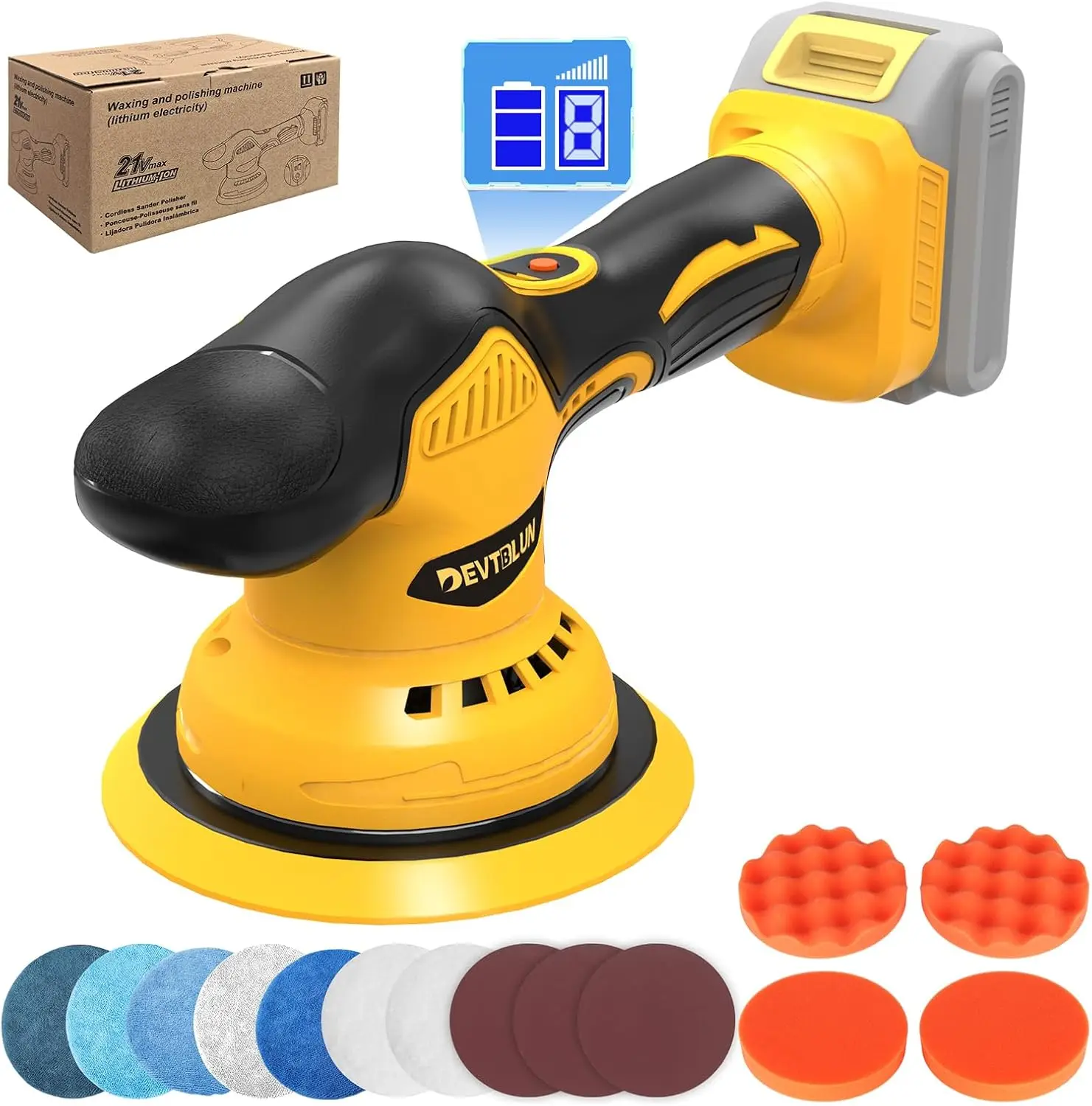 

Cordless Car Buffer Polisher Kit, 6 Inch Brushless Dual Action, 8 Speed Adjustable up to 5500RPM, Includes 14 Accessories