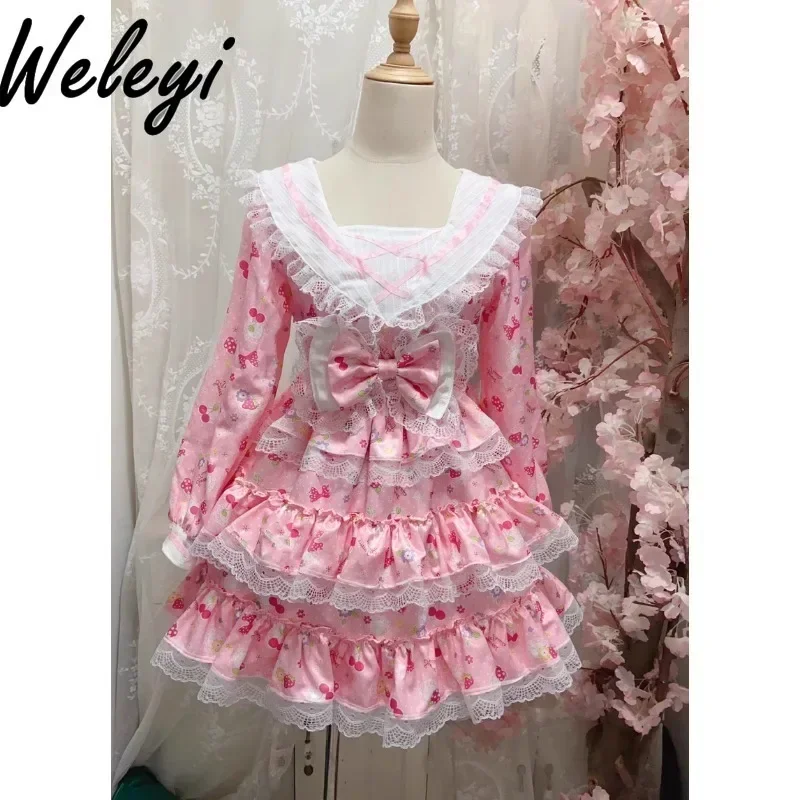 Kawaii Dolce Rosa Rojita Vestito per Le Donne 2024 Primavera Nuovo Originale Stile Preppy Carino Arco a Maniche Lunghe Foderato in Pile Abiti da Fata