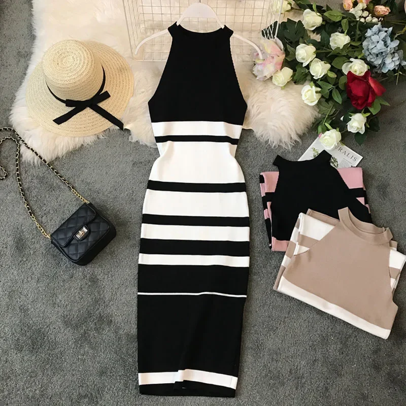 2024 summer women\'s hanging neck knit long dress round neck stripes hit color waist slim slim ming knit long dress office lady